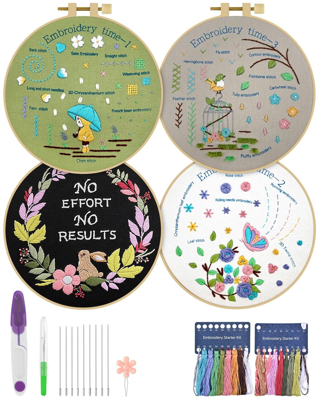4 Pack Beginner Embroidery Kits for Adults DIY Starter Kit with 33 Stitch Techniques, Stamped Patterns, Embroidery Hoop, Colorful Threads, Tools, Step by Step Instructions & Video Tutorial
